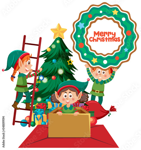 Christmas elf kids with Christmas tree