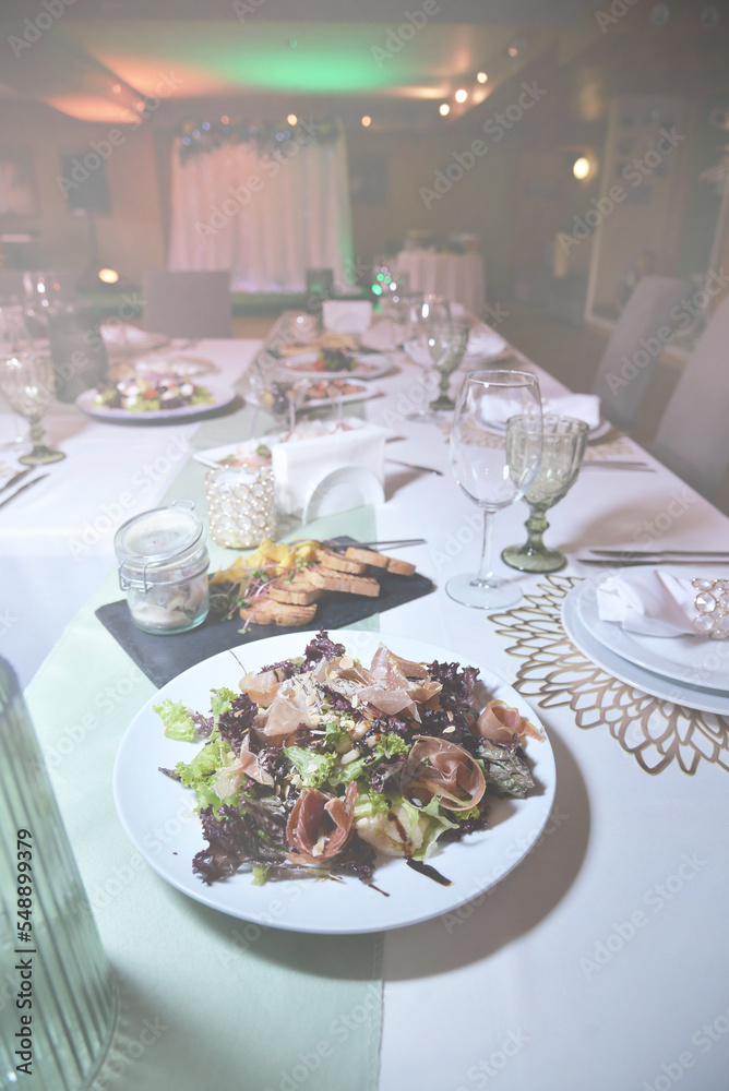 Festive table with food for wedding, birthday, thanksgiving, christmas