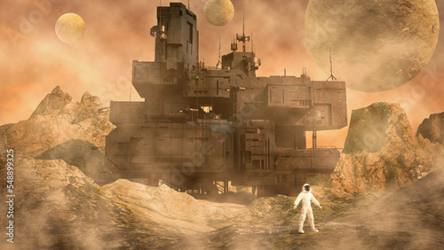 Futuristic advanced research laboratory for exploring another planet. Science fiction scene