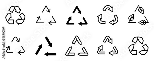 Conjunto de iconos de reciclaje. Material reciclable. Ecología. Conservación, reutilizar, biodegradable, sostenibilidad. Ilustración vectorial
