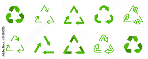 Conjunto de iconos de reciclaje. Material reciclable. Conservación, reutilizar, biodegradable, sostenibilidad. Ilustración vectorial