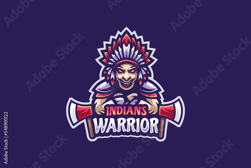 Indian Warrior mascot logo. Indian warrior ready to fight holding his weapon