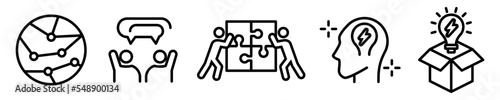 Conjunto de iconos de equipo de innovación. Soluciones, idea de negocio, estrategia, desarrollo empresarial. Ilustración vectorial