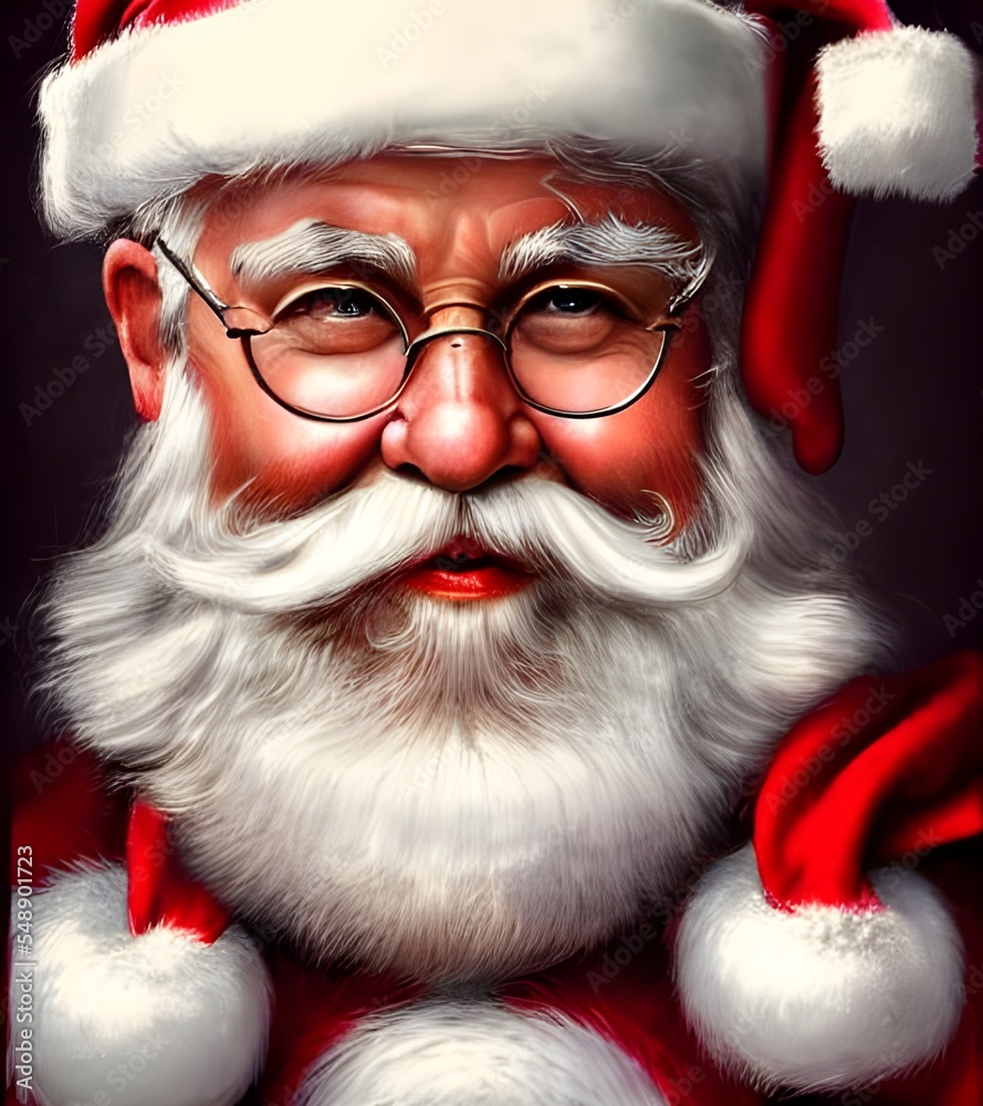 In this portrait, Santa Claus is looking straight at the camera with a ...