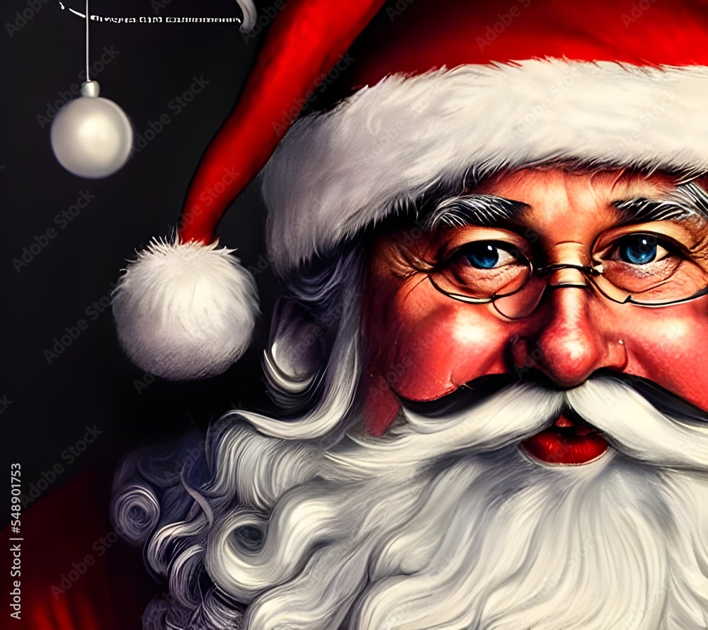 In this portrait, Santa Claus is shown looking straight ahead with a