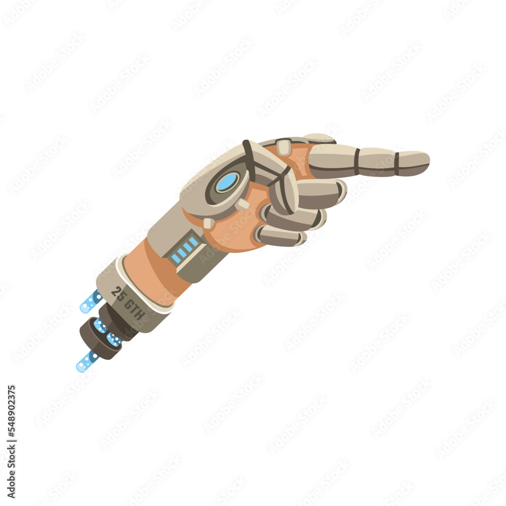 Robot hand pointing to side cartoon illustration. Prothesis arm pointing to side. Artificial intelligence, innovation, technology concept