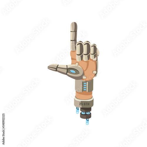 Robot hand pointing up cartoon illustration. Prothesis arm pointing up. Artificial intelligence, innovation, technology concept