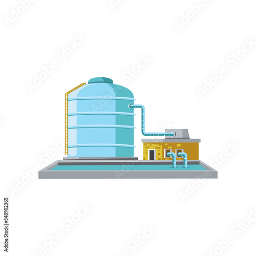 Pump station for water cartoon illustration. Water tank, liquid treatment plant, industrial wastewater separator. Filtration, technology, industry concept