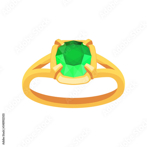 Ring with green gemstone made of gold vector illustration. Cartoon drawing of elegant golden ring. Jewelry, accessories, luxury concept