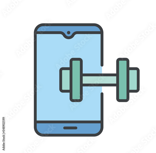 Color fitness app icon. Smartphone with dumbbell, graphic element for website, interface for programs. Drawing up training plan and diet. Gadgets and devices. Cartoon flat vector illustration