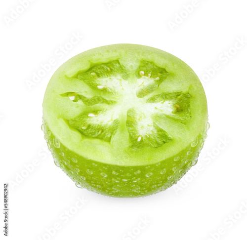Fresh green tomatoes with water drops isolated on transparent background (.PNG)