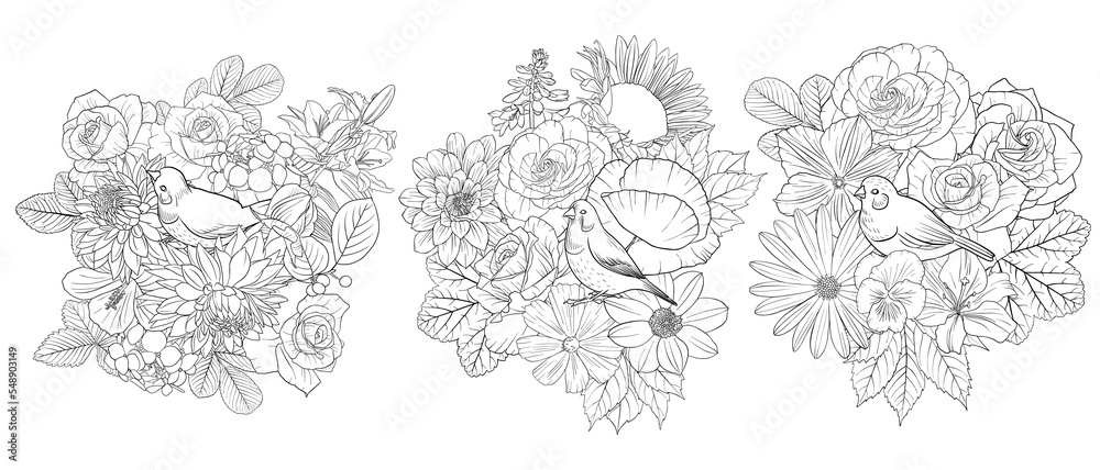 vector drawing natural background with birds and flowers, black and white coloring page, hand drawn illustration