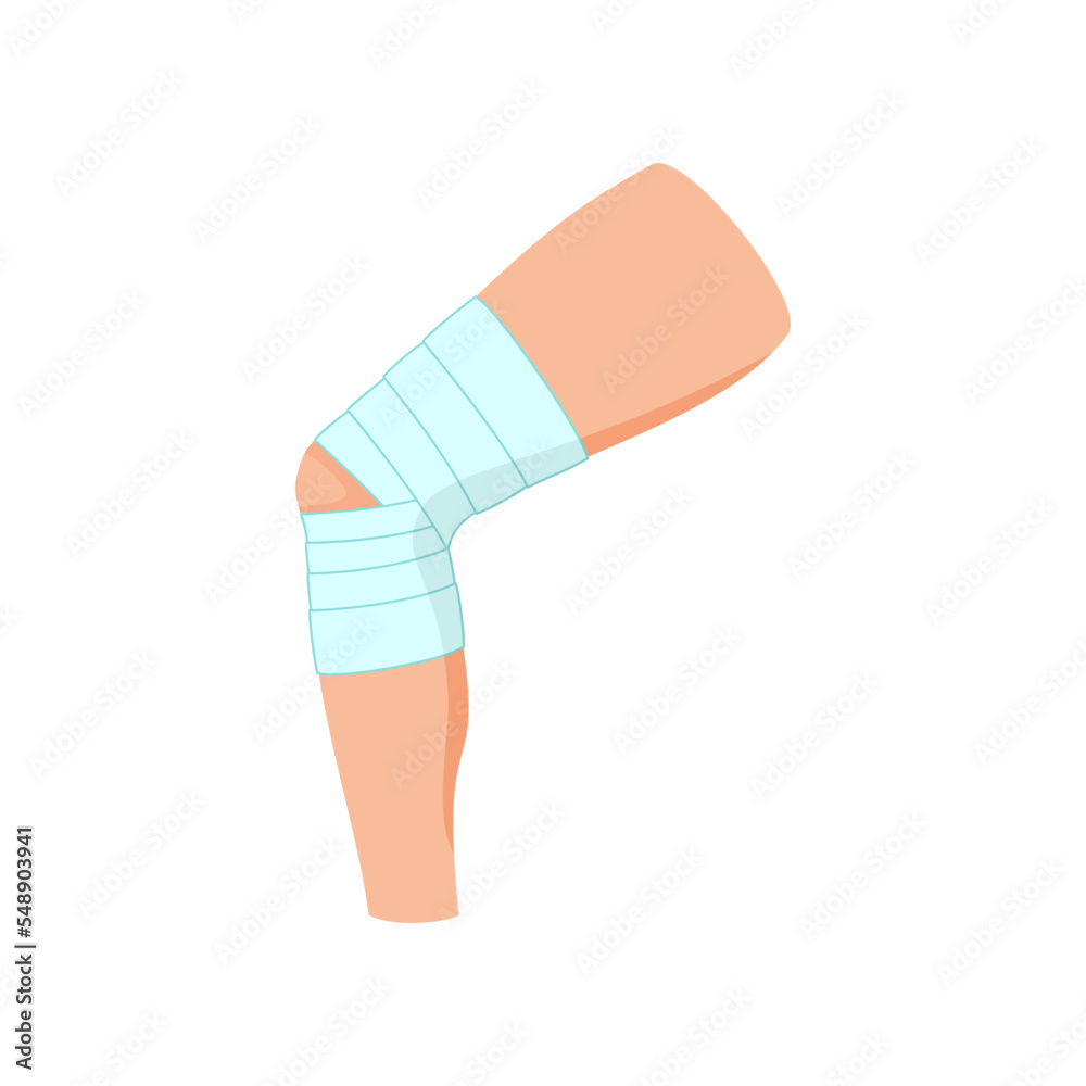 Man with bandaged knee cartoon illustration. Fracture treatment