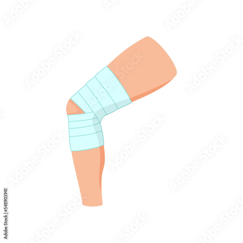Man with bandaged knee cartoon illustration. Fracture treatment, bandaged knee. Healthcare, injury, medicine, trauma, accident concept