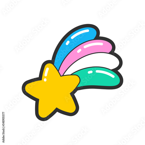 Trendy fashion patch or badge of shooting star illustration. Cute shooting star sticker. Style, embroidery concept