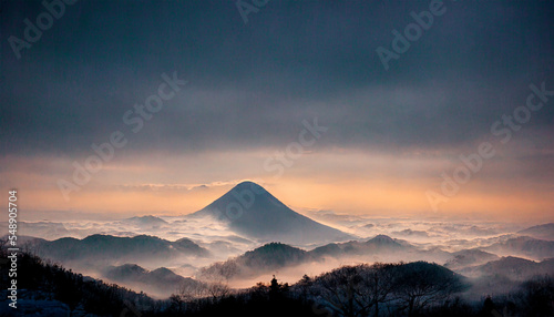 Foggy mountain in japan with dreamy sky