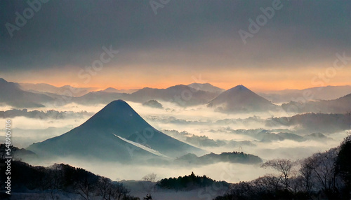 Foggy mountain in japan with dreamy sky