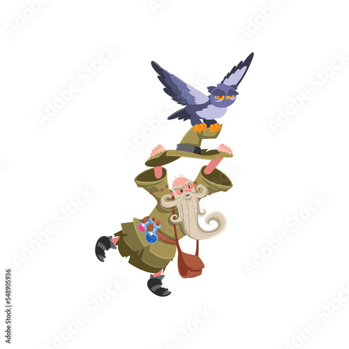 Old wizard chasing an owl cartoon illustration. Wise magician, warlock or sorcerer with white beard in hat and robe. .Owl stealing hat of mage. Magic concept