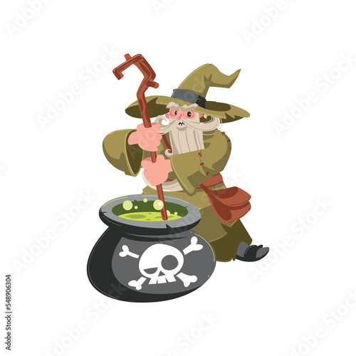 Old wizard stirring pot cartoon illustration. Wise magician, warlock, mage or sorcerer with white beard in hat and robe brewing potion. Magic concept