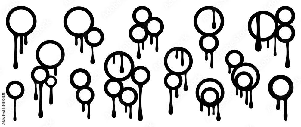 Set of bubble ink drop vector illustration. Circle, bubble, round stencil frame with dripping ink, spray, brush liquid droplet, graffiti isolated on white background. Design for sticker, decoration.