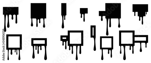 Set of square ink drop vector illustration. Square shape, rectangle stencil frame with dripping ink, spray, brush liquid droplet, graffiti isolated on white background. Design for sticker, decoration.