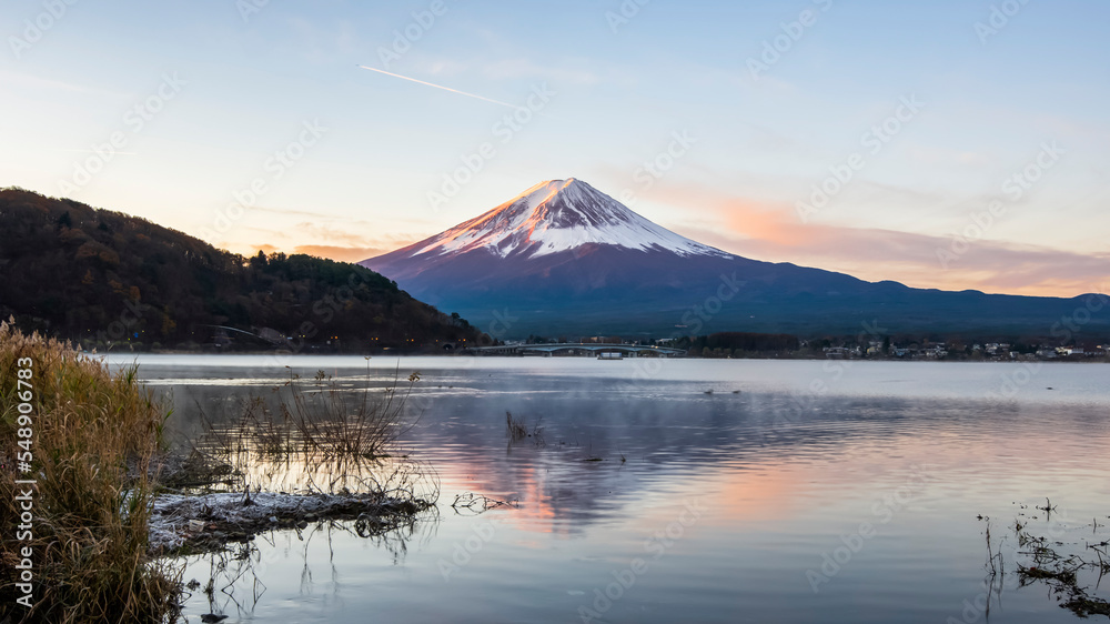 Fuji mountain Reflection at Sunrise in winter, Kawaguchiko Lake, Japan