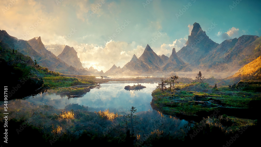 landscape, fantasy world, background, nature, mountains, digital illustration	
