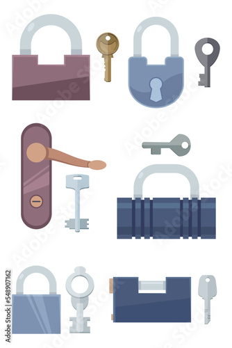 Keys and locks vector illustration set. Six locks of different types, colors and shapes and the keys that open them isolated on white background. Security concept