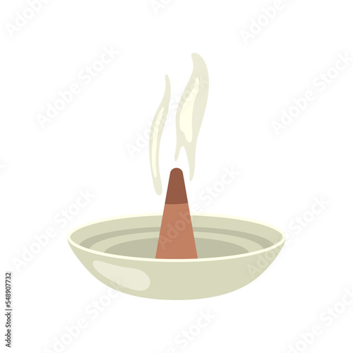 Incense cone on plate for house vector illustration. Cute home diffusers with flower scent isolated on white background. Aromatherapy, relaxation, comfort concept.