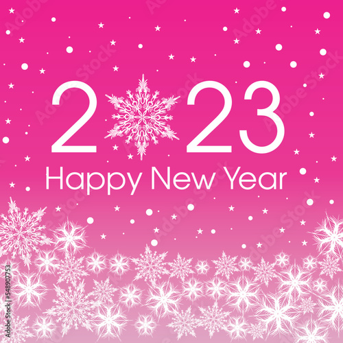 2023 Happy New Year card template. Design patern snowflakes white and purple color.