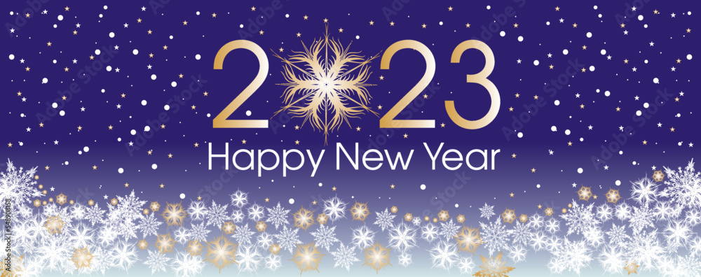 2023 Happy New Year card template. Design patern snowflakes gold and blue color. 2023 Happy New Year card template. Design patern snowflakes gold and blue color.