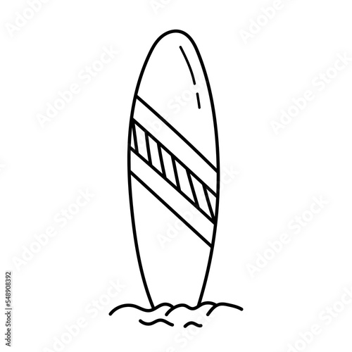 Surf board on sand. Line doodle vector illustration isolated on white