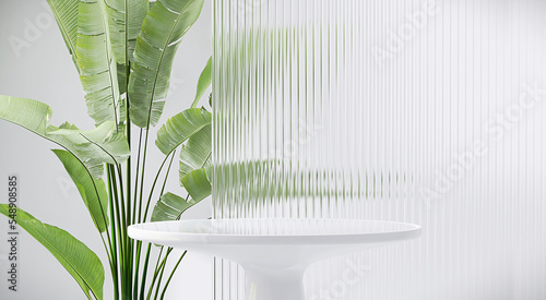 Obraz na plátně Modern, minimal round white glossy table podium with banana tree and reeded glas