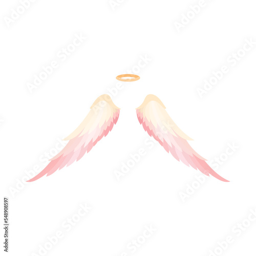 Wings with pink feathers and halo flat vector illustration. Cartoon drawing of pair of angel wings and gold nimbus isolated on white background. Love, heaven, religion, freedom concept