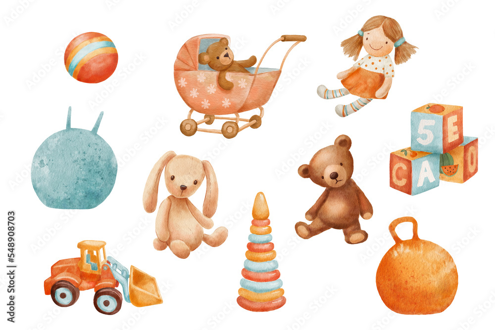 Cute rag doll, bear and bunny, baby toy clipart set. Watercolor illustrations isolated on white - obrazy, fototapety, plakaty 