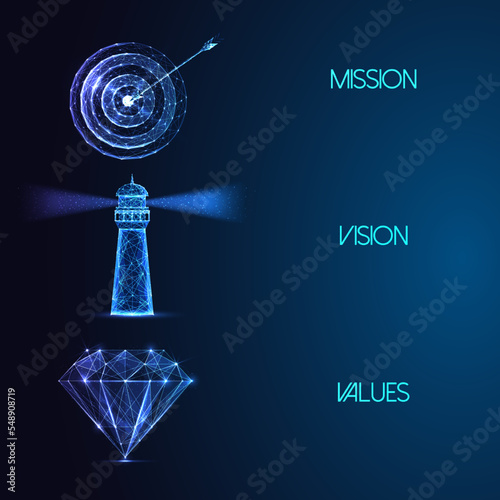 Futuristic Mission Vision Values business concept with glowing target, diamond and lighthouse symbol