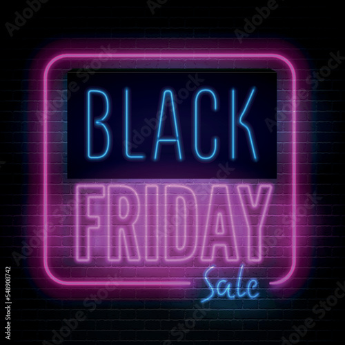 Black friday pink blue neon light box with annual discount offer promo. Youth style price reduction minimal sticker design. Year biggest sale vector banner template.