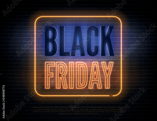 Black friday seasonal clearance advert. Price reduction minimal sticker design. Violet orange neon light box with discount offer promo. Vintage color sale  year biggest sale vector banner template