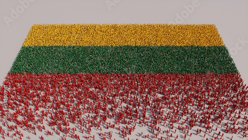 Aerial view of a Crowd of People, coming together to form the Flag of Lithuania. Lithuanian Banner on White Background. photo