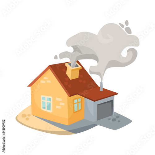 Smoke coming from house with garage vector illustration. Drawing of building with smoke coming out of chimney as source of air pollution isolated on white background. Environment, ecology concept