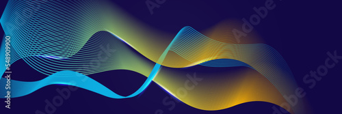 Blue yellow orange abstract background with glowing wave. Shiny moving lines design element. Modern gradient flowing wave lines. Futuristic technology concept. Vector illustration
