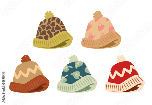Cute warm hats with pompoms vector illustrations set. Collection of cartoon drawings of colorful caps isolated on white background. Accessories, headwear, fashion, winter concept