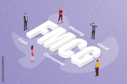 fmcg fast moving consumer good big text word and people around with modern isometric style