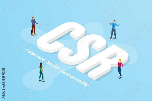 csr corporate social responsibility big text word and people around with modern isometric style