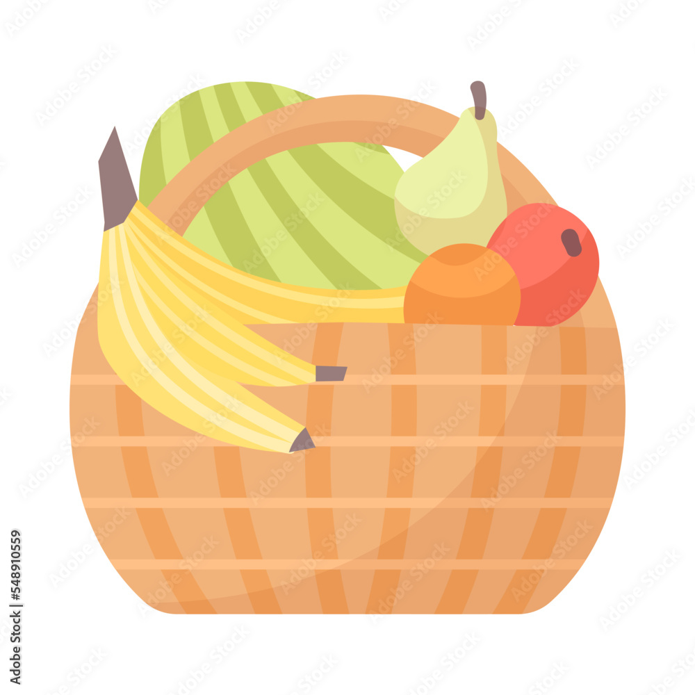 Wicker basket with fruits cartoon illustration. Picnic basket full of food, bananas, pear, orange, watermelon for family dinner or romantic date outdoor. Summer, food, weekend concept