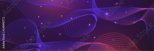 Vector wave lines flowing dynamic colorful blue pink isolated on dark blue background for concept of AI technology, digital, communication, science, music
