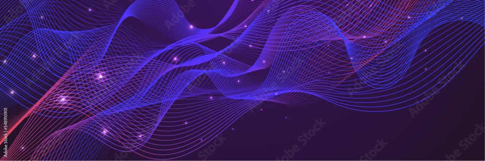 Vector wave lines flowing dynamic colorful blue pink isolated on dark blue background for concept of AI technology, digital, communication, science, music