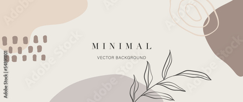 Minimal abstract background vector illustration. Soft earth tone pastel color organic shape, dot pattern, leaf branch and line art. Design for wall art, print, poster, home decor, cover, wallpaper.