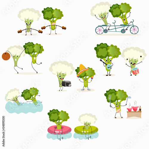 Vector illustration of funny cartoon character broccoli and cauliflower ride transport, play musical instruments, go in for sports, healthy food, cuisine, ingredients, kids t-shirt design.