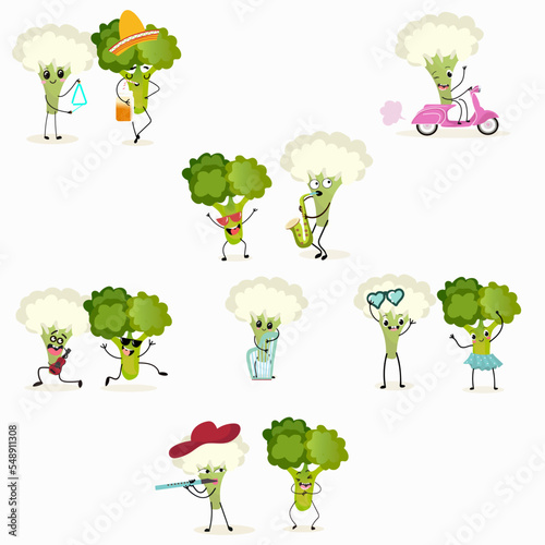 Vector illustration of funny cartoon character broccoli and cauliflower ride transport, play musical instruments, go in for sports, healthy food, cuisine, ingredients, kids t-shirt design.
